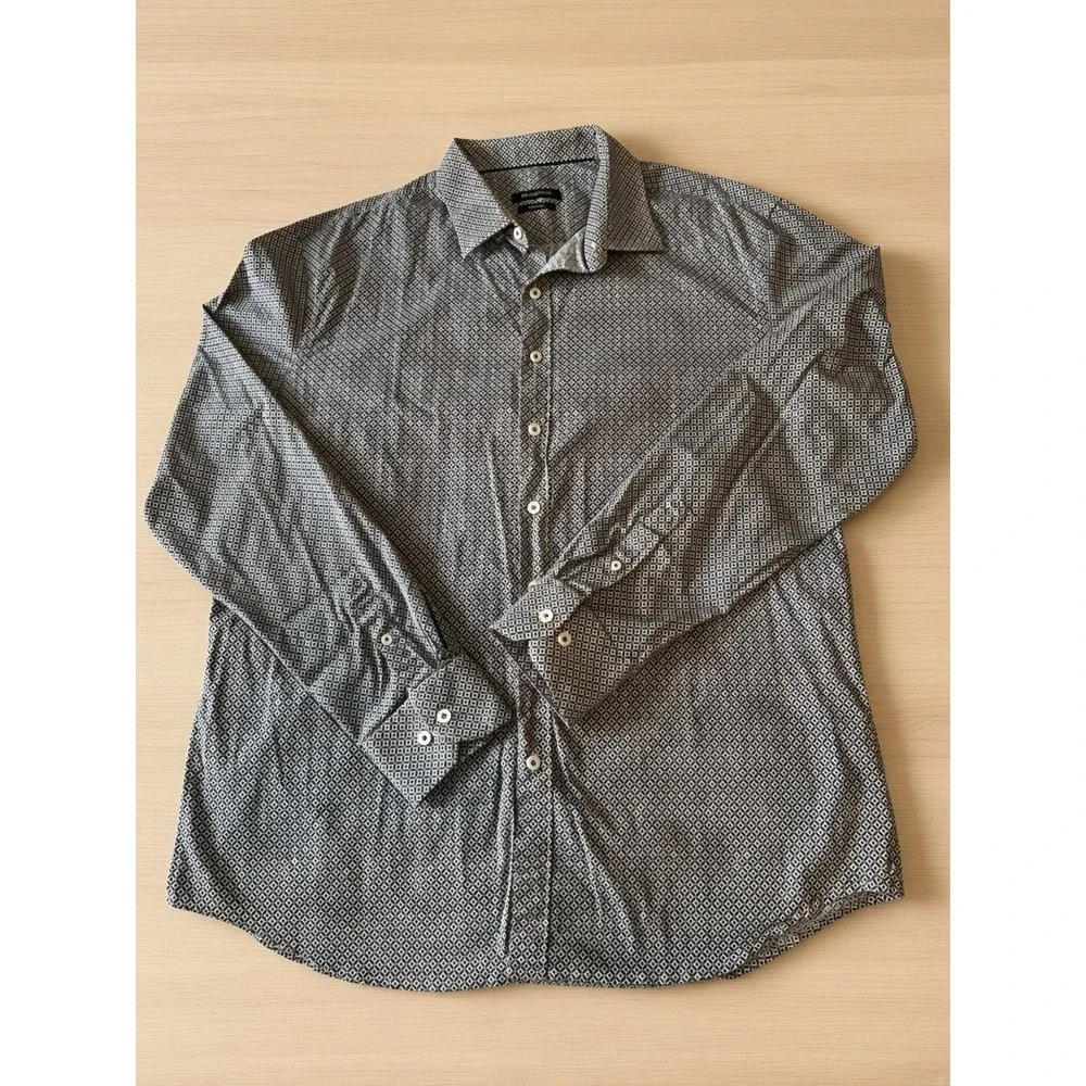 Bugatchi Shaped Fit Mens XXL Long Sleeve Shirt Geometric Print Blue Brown